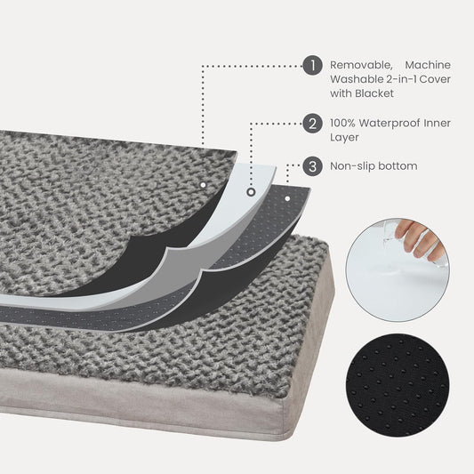 Orthopedic Memory Foam Bed for Large Dogs, Waterproof Cooling Pet Mats for Crate with Removable Washable Cover,Ideal for Arthritic Dogs (X-Large-41"x 29" x 4", Rose Plush+Blanket)