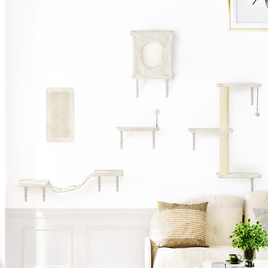 NUNU LAB Wall Mounted Cat Furniture, 5 Pcs Cat Wall Shelves with House, Bridge, Steps, Scratching Post, Shelves, Indoor Safe & Stable Furniture for Kittens Play, Beige