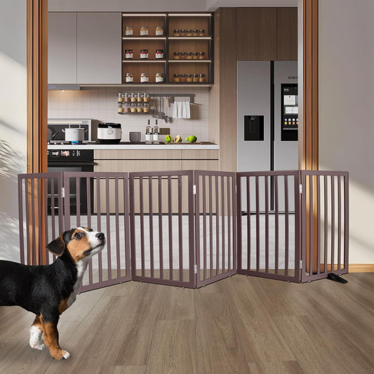 ZJSF Freestanding Indoor Dog Gate for House Foldable Wood Puppy Gate for Doorways Pet Gate for Stairs Extra Wide Pet Fence, Brown, 32" Height 6 Panels