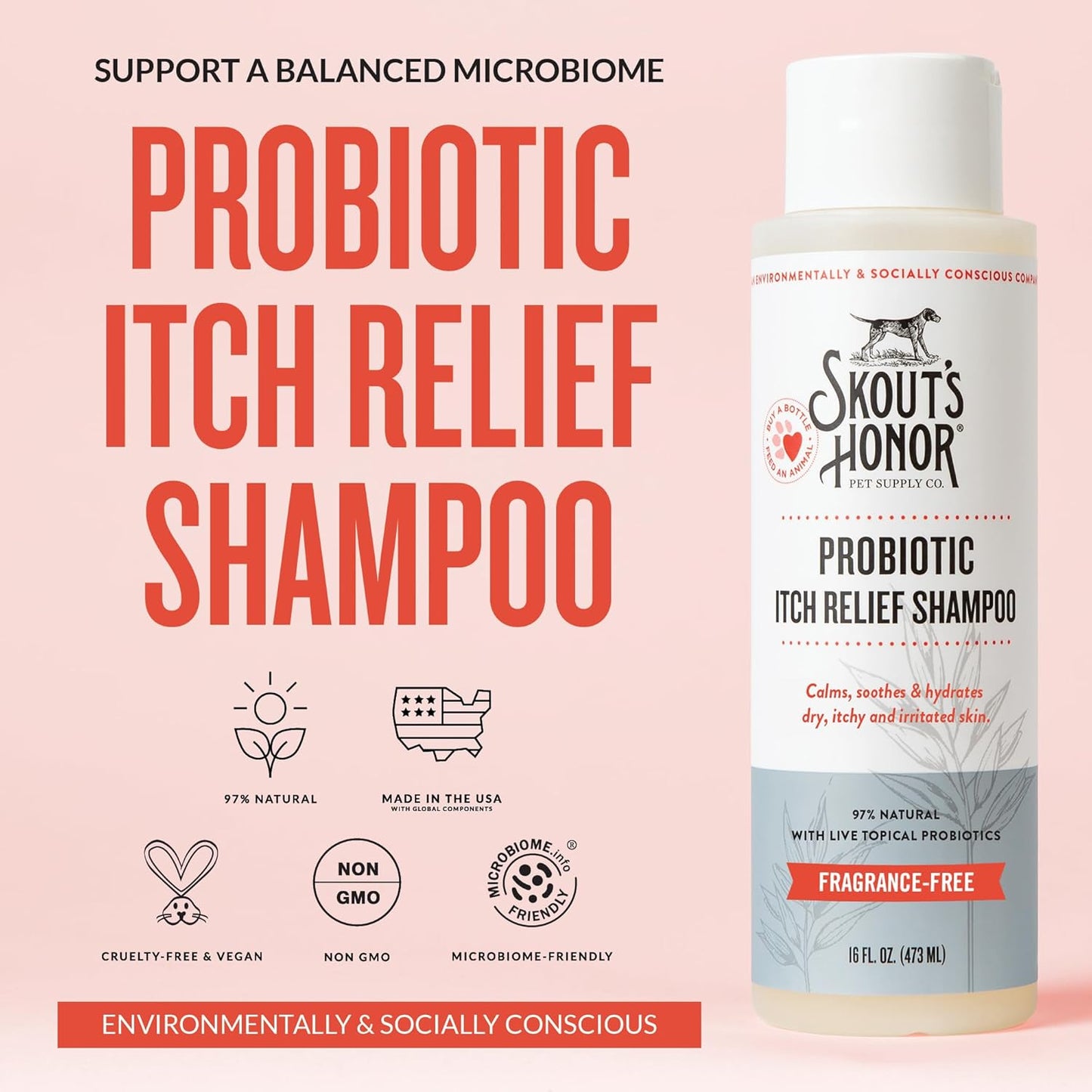 SKOUT'S HONOR Probiotic Itch Relief Shampoo for Pets - Non-Medicated, Fragrance-Free, Paraben & Sulfate-Free, with Avocado Oil & Omega 3's, 16 Fl Oz