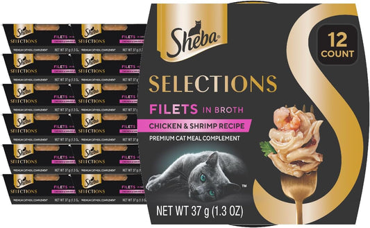 Sheba Selections Filets in Broth Adult Wet Cat Meal Complement Chicken & Shrimp Recipe, 1.3 oz. Cups, 12 Count