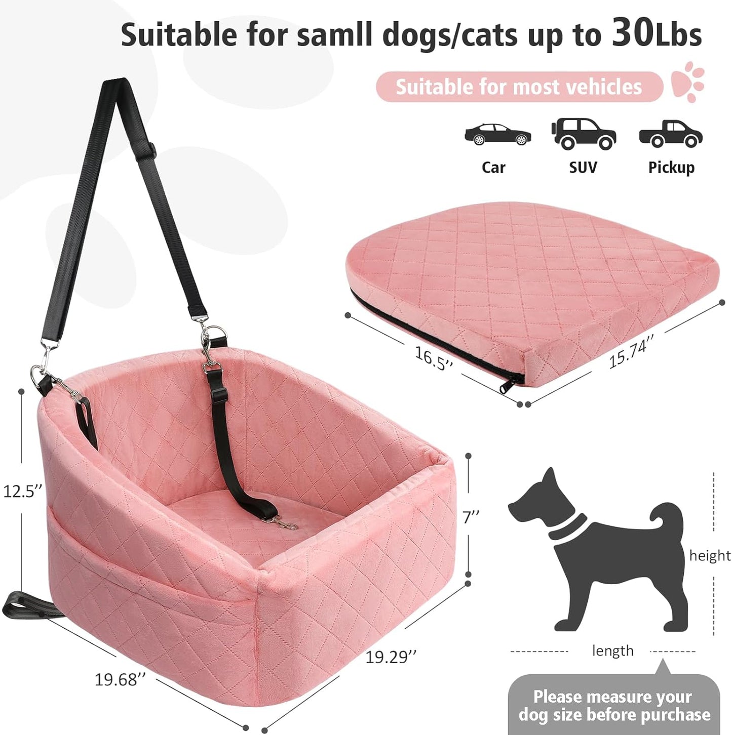 Dog Car Seat for Small Medium Dogs,Detachable Washable Dog Booster Seat Under 30lbs, Pet Car Seats Travel Bed with Storage Pockets and Safety Belt(Pink)