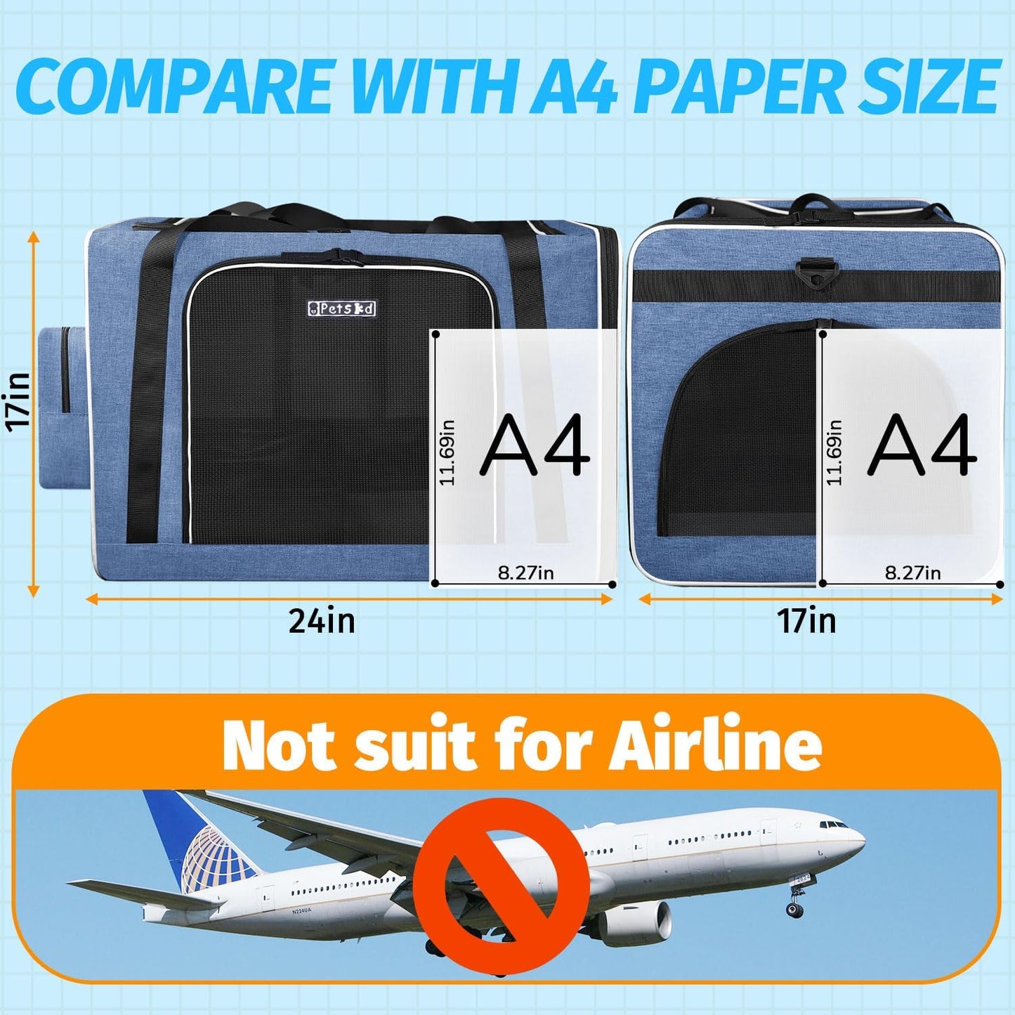 Petskd Extra Large Cat Carrier with Litter Box 24"x17"x17" for Medium Large Cat or 2 Small Cats, Collapsible Soft Sided Pet Carrier for Car Travel with Lockable Safety Zippers(Blue)