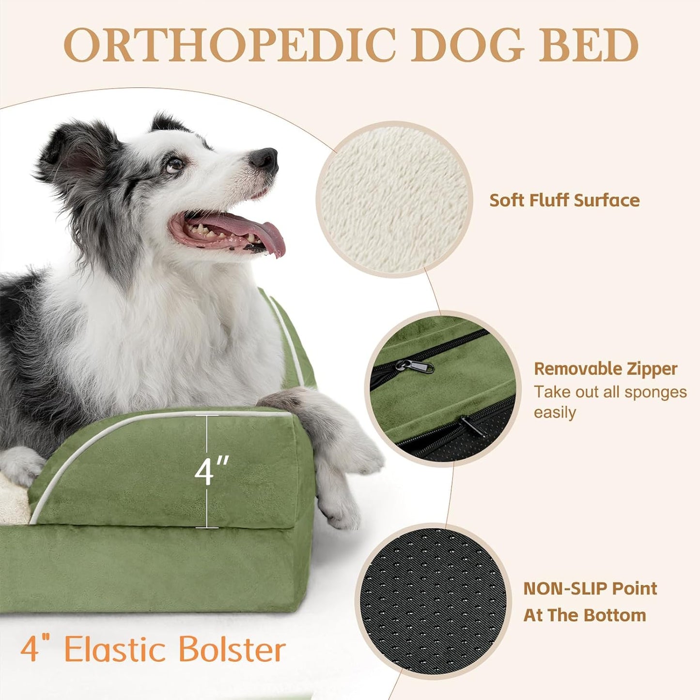Comfort Expression Medium Dog Beds Waterproof Orthopedic Foam Dog Sofa Beds for Medium Large Dogs Comfy Pet Bed with Washable Removable Cover & Non-Slip Bottom(Medium,Light Green)