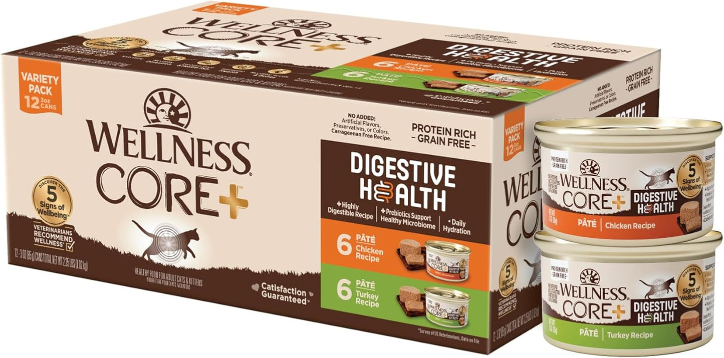 Wellness CORE+ Digestive Health Pate Adult Wet Cat Food, Natural, Protein-Rich, Grain Free, 3 Ounce, 12 Pack (Chicken & Turkey Variety Pack)