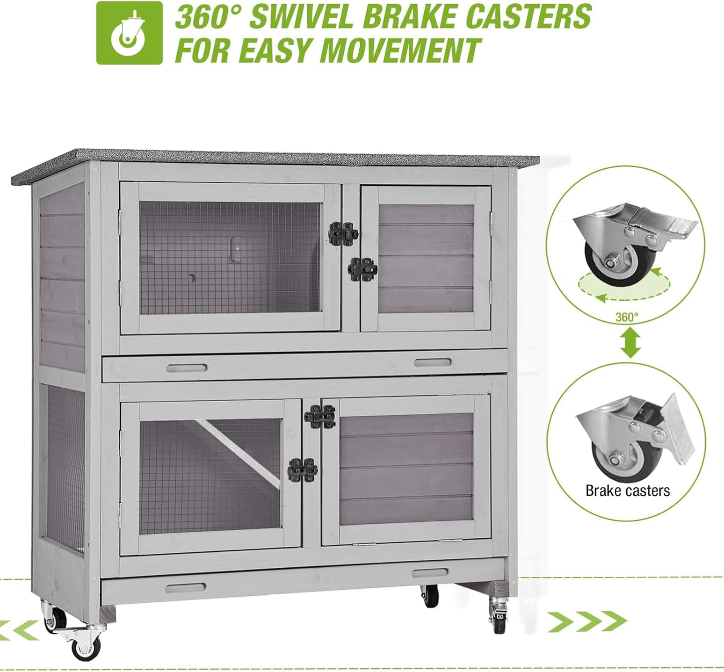Gutinneen 2-Story Rabbit Hutch with Chew-Proof Ramp, 36" Indoor/Outdoor Rabbit Cage with 4 Casters & 2 Pull-Out Trays, Wooden Bunny Hutch Leakproof Small Animal Cage for Rabbits, Guinea Pigs