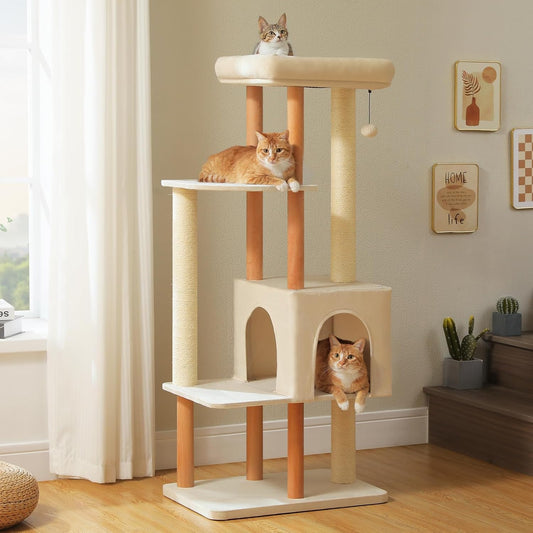 PAWZ Road Large Cat Tree, 53 Inches Modern Wooden Cat Tower for Indoor Large Cats, Multi-Level Cat Condos with Long Scratching Posts and Natural Wood Posts-Beige