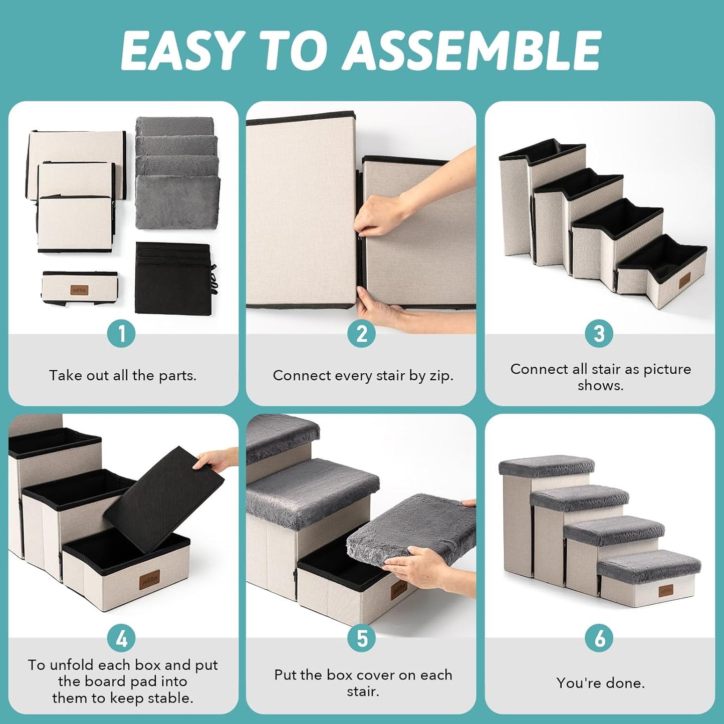 Dog Stair for Small Dogs with Storage, Foldable Pet Step with Soft Cover, Older Cat Ramp for Chair Couch Sofa, Lightweight, Durable, Comfort, 33x13x17.7 inch, 4 Tiers Grey