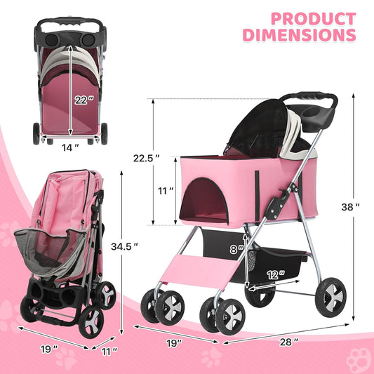 Magshion Foldable Pet Stroller, 3-in-1 Dog Travel Jogger with Detachable Carrier, Cup Holder, Storage Basket, Folding Carrier for Small/Medium Dogs & Cats Up to 33 lbs, Pink