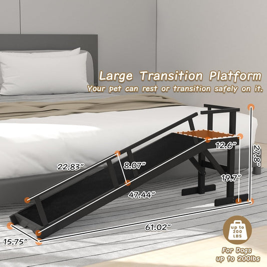 61" Dog Ramp for Bed, Pet Ramp with Removable Side Rail and Non-Slip Surface, Pet Ramp for Small & Large & Senior Dogs with Rest Platform and DIY Glow Strips,Dog Stairs for Couch,Black