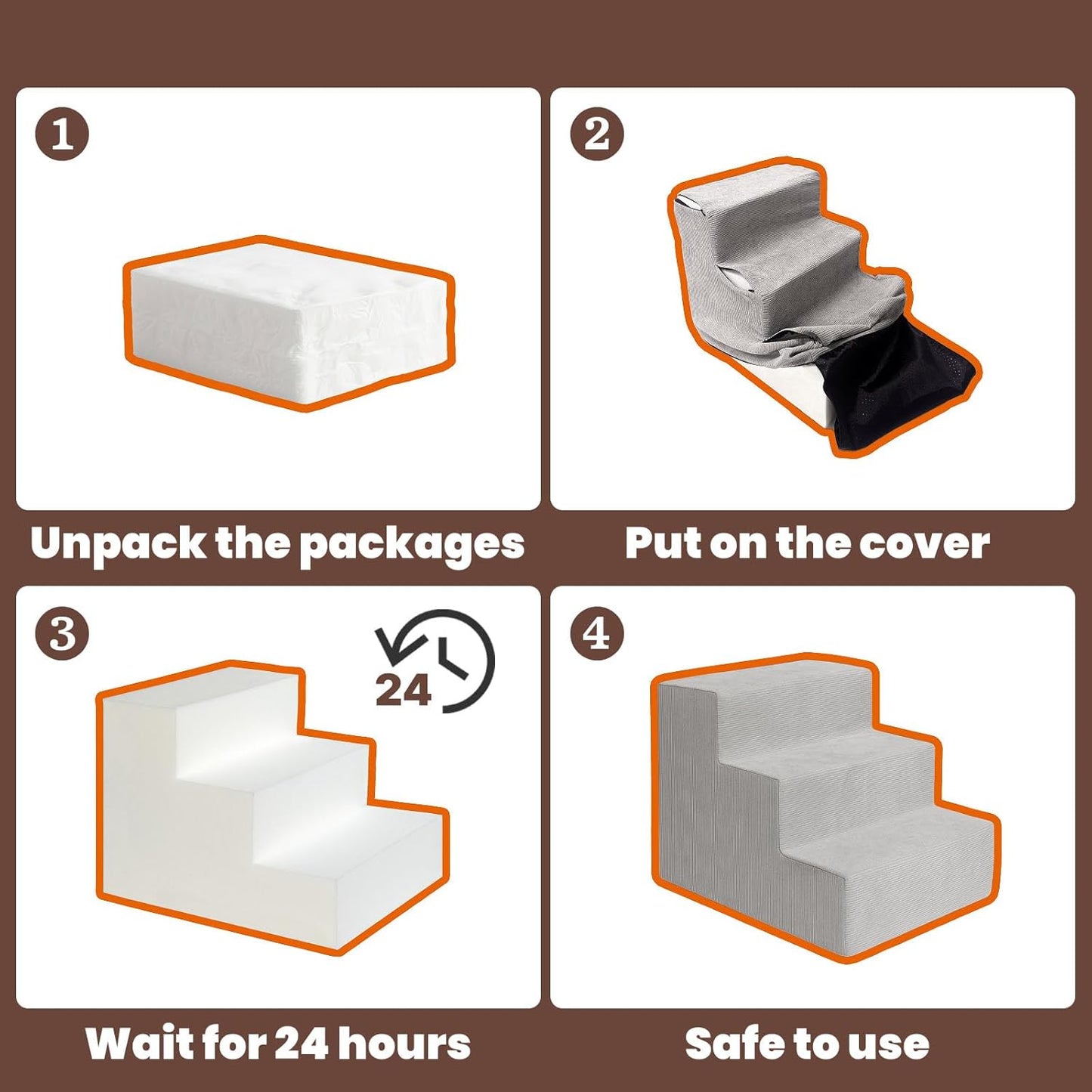 MEWANG Dog Stairs for Small & Medium Dogs and Old Cats –3/4/ 5 Steps High-Density Foam Pet Ramp for Bed & Couch, Non-Slip, Washable Cover, Grey (Square Corner, 5 Steps: 29.92''×22.83''×15.75'', 2)