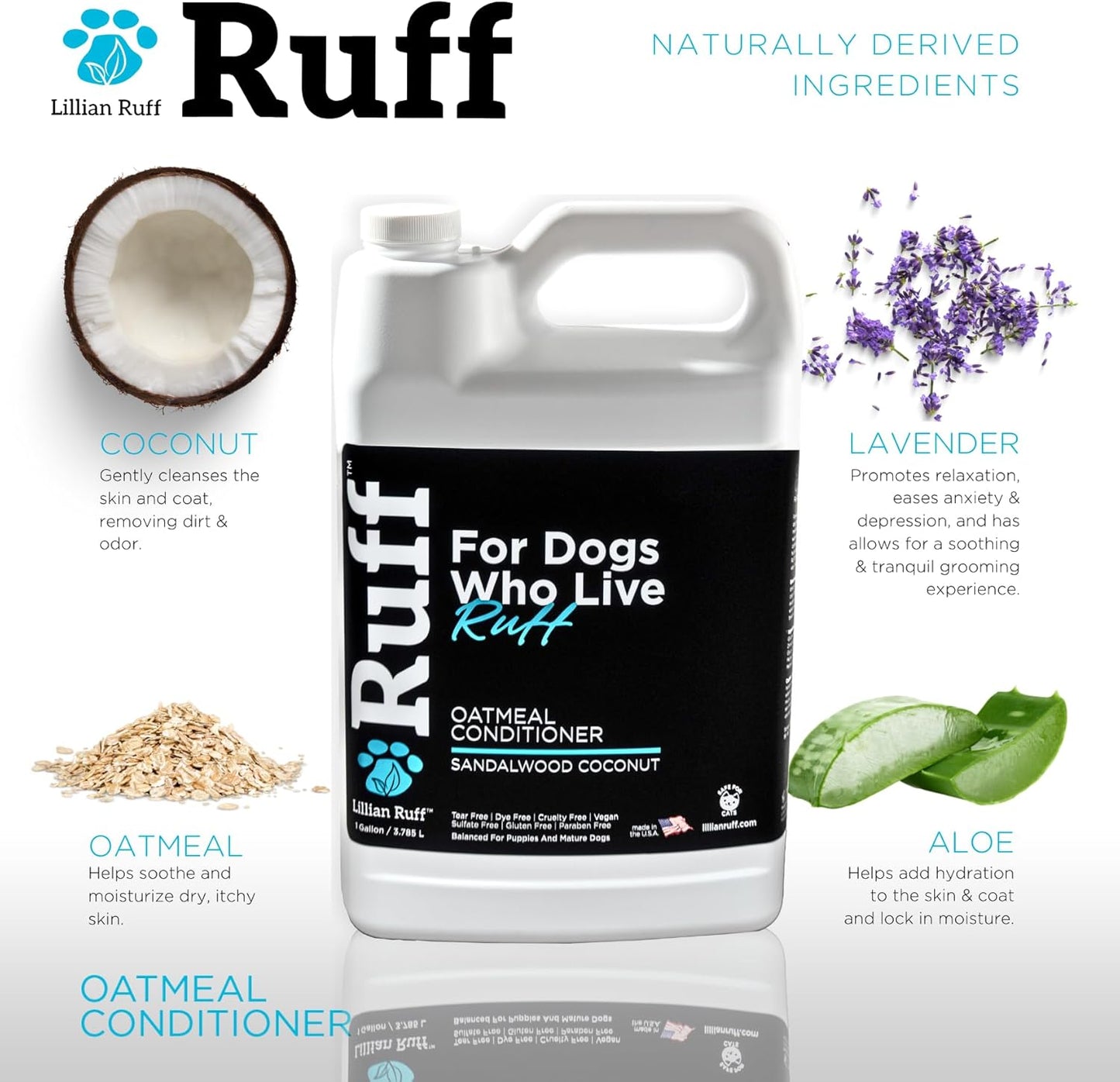 Ruff by Lillian Ruff Sandalwood Coconut Oatmeal Conditioner for Dogs – Moisturize & Soothe Dry Itchy Skin, Promote Healthy Coat, Tear-Free, Sulfate-Free, Paraben-Free, Made in USA (Gallon)