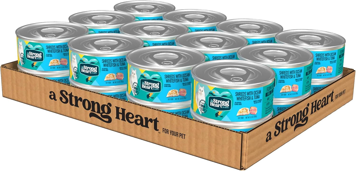 A Strong Heart Canned Wet Cat Food, Shreds with Ocean Whitefish & Tuna - 5.5 oz Cans (Pack of 24), Made in The USA with Real Ocean Whitefish & Tuna