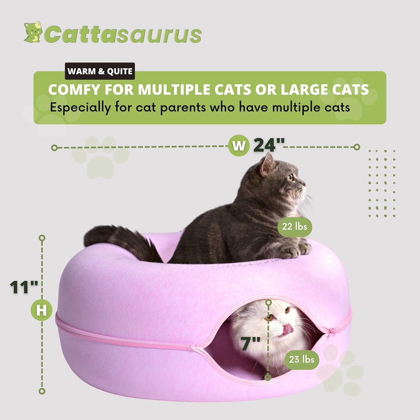 Cattasaurus Peekaboo Cat Cave for Multiple & Large Cats Up to 30-45 Lbs, Scratch Detachable & Washable Tunnel Bed, Comfy Donut Cat Cave (Pink, Large)