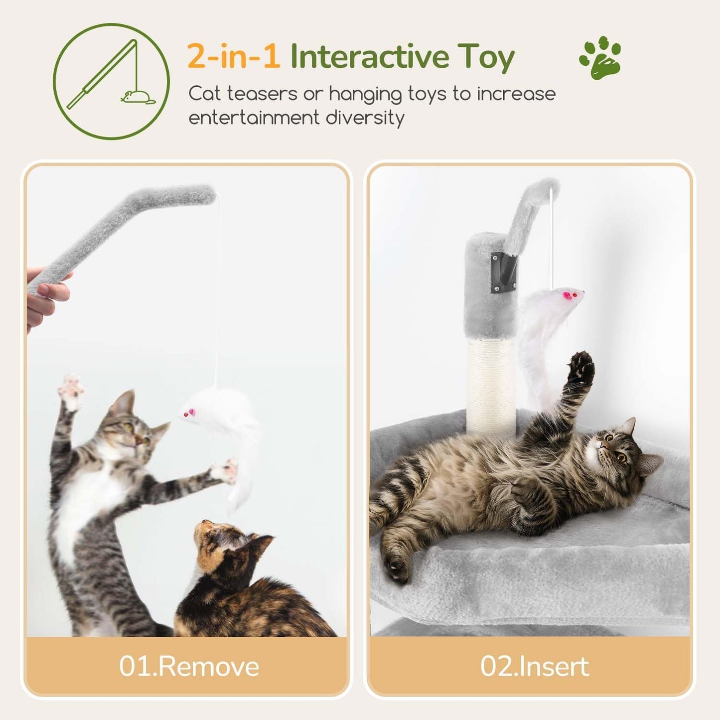 Globlazer Large Cat Tree Tower, Tall Cat Tree Condos for Indoor Cats Large Adult Cat Climbing Tower with 2 Spacious Caves, Oversized Top Perch, Big Hanging Basket, Cat Teaser Wand, F74B, Light Grey