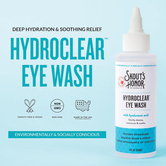 SKOUT'S HONOR HydroClear Eye Wash with Hyaluronic Acid, 4oz Bottle - Non-Medicated, Daily Eye Care for Dogs & Cats, 2-Pack