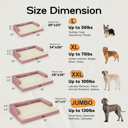Large Dog Bed Orthopedic Washable - Couch Sofa - XXL Large Big Dogs - Beds Bolster Pet - Memory Foam - Waterproof with Removable Cover - Pink Dog Bed