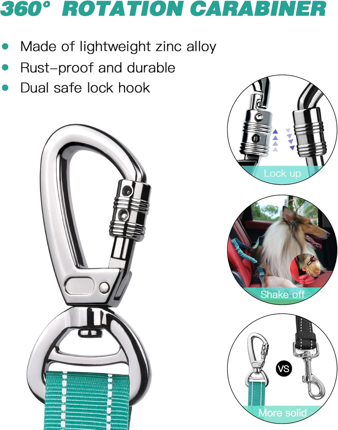 AUBELL Dog Seat Belt for Car,Updated 3-in-1 Adjustable Reflective Bungee Heavy Duty Dog Car Harness Tether with Clip Hook Latch & Buckle,Swivel Zinc Alloy Carabiner,Teal