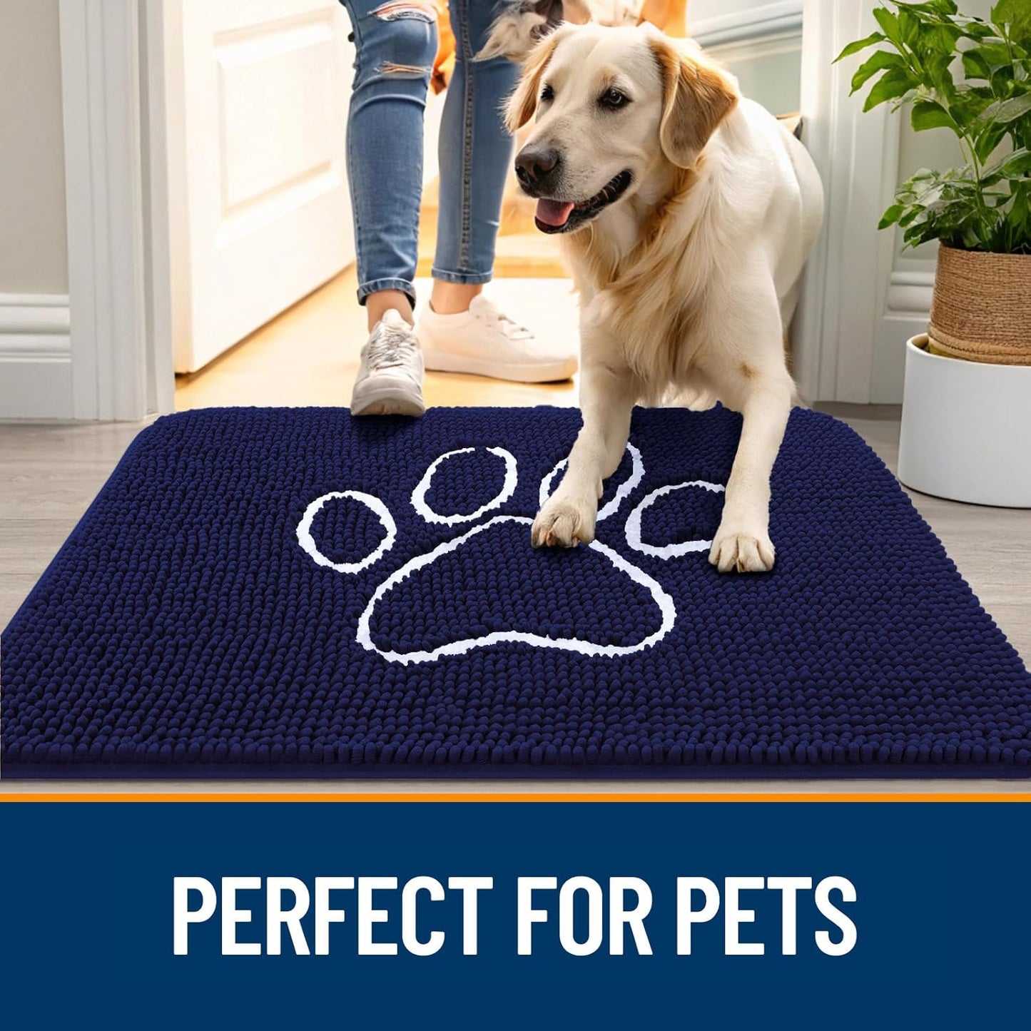 OLANLY Door Mat for Muddy Dog Paws 48x30, Ultra Absorbent Chenille Mud Doormat with Paw Print Design, Non-Slip Washable Doormat for Indoor Entryway, Quick-Dry Pet Bed Mats for Dirty Dogs, Navy Blue