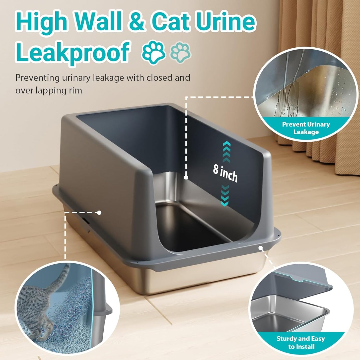 LIHONG Stainless Steel Litter Box with Lid, XL Metal Cat Litter Tray for Indoor Cats, Enclosure Cat Litter Pan for Large Cats, Non-Sticky Large Kitty Litter Box, Anti-Leakage, 23.5" X 15.6" X 12"