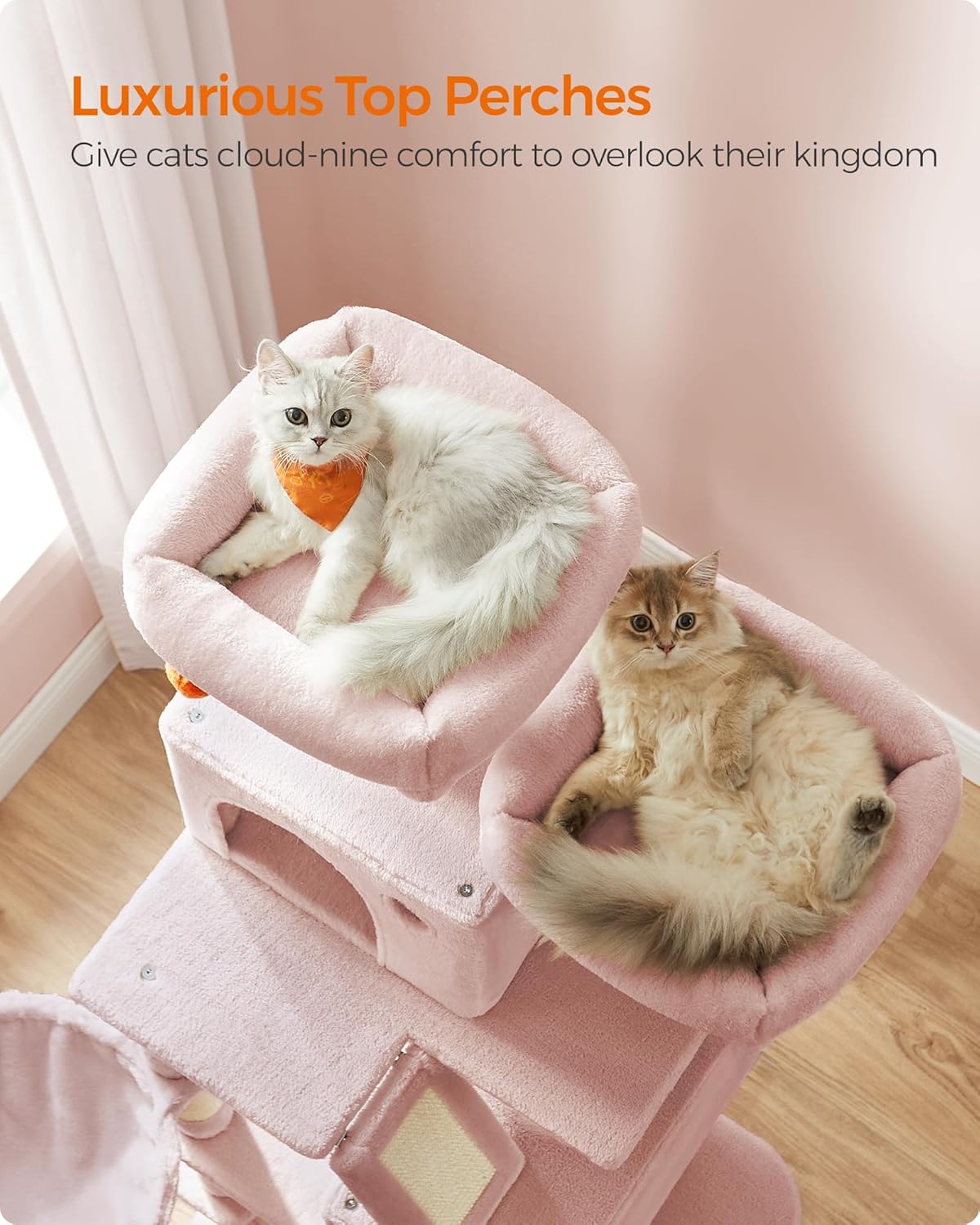 Feandrea Cat Tree, 66.1-Inch Large Cat Tower with 13 Scratching Posts, 2 Perches, 2 Caves, Basket, Hammock, Pompoms, Multi-Level Plush Cat Condo for Indoor Cats, Jelly Pink UPCT165P01