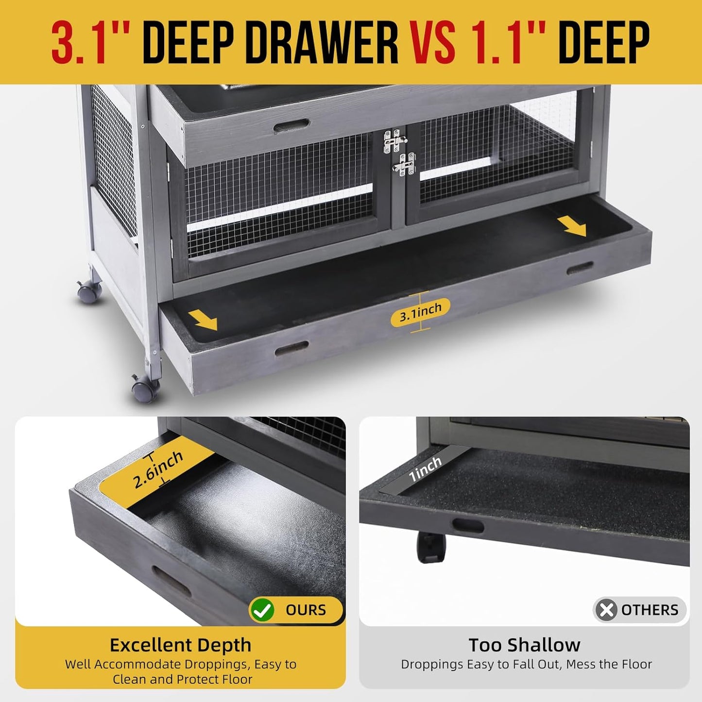 Rabbit Hutch Bunny Cage Indoor Outdoor with Wheel Deeper Tray Chew Proof Guinea Pig Cages 2 Decks Large Rabbit House with 4 Wooden Doors Weatherproof 41.3" L*17.3" W*41.3" H