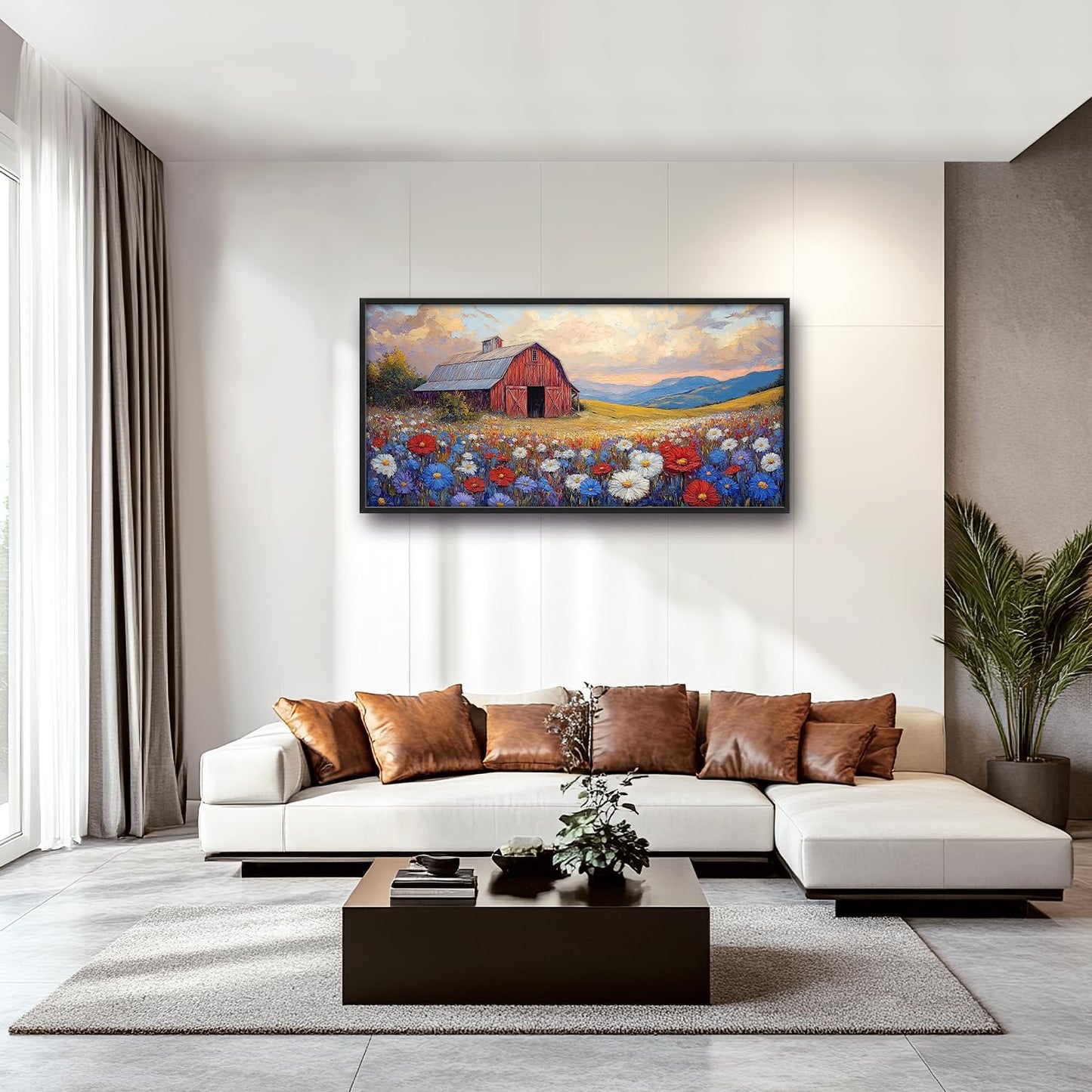 Large Farmhouse Barn Daisy Wall Art for Living Room, Floral Landscape Canvas Oversized Wall Decor, Flower Scenery Framed Pictures Painting Print Artwork for Bedroom Office 60"L x 30"W