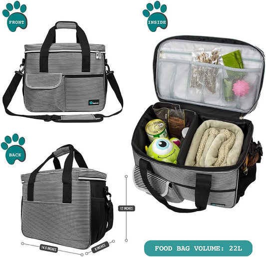 PetAmi Dog Travel Bag - Travel Pet Organizer with Food Container and Bowls, Perfect for Weekend Camping, Cat Diaper Bag (Stripe Black, Medium)