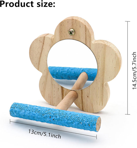 2Pcs Small Bird Mirror Parrot Swing,Wooden Parakeet Perches Flower Interactive Play Toys for Small Budgies Macaw African Grey Parakeets Lovebird Cockatiel Cage Accessories (S,Wood-2p)