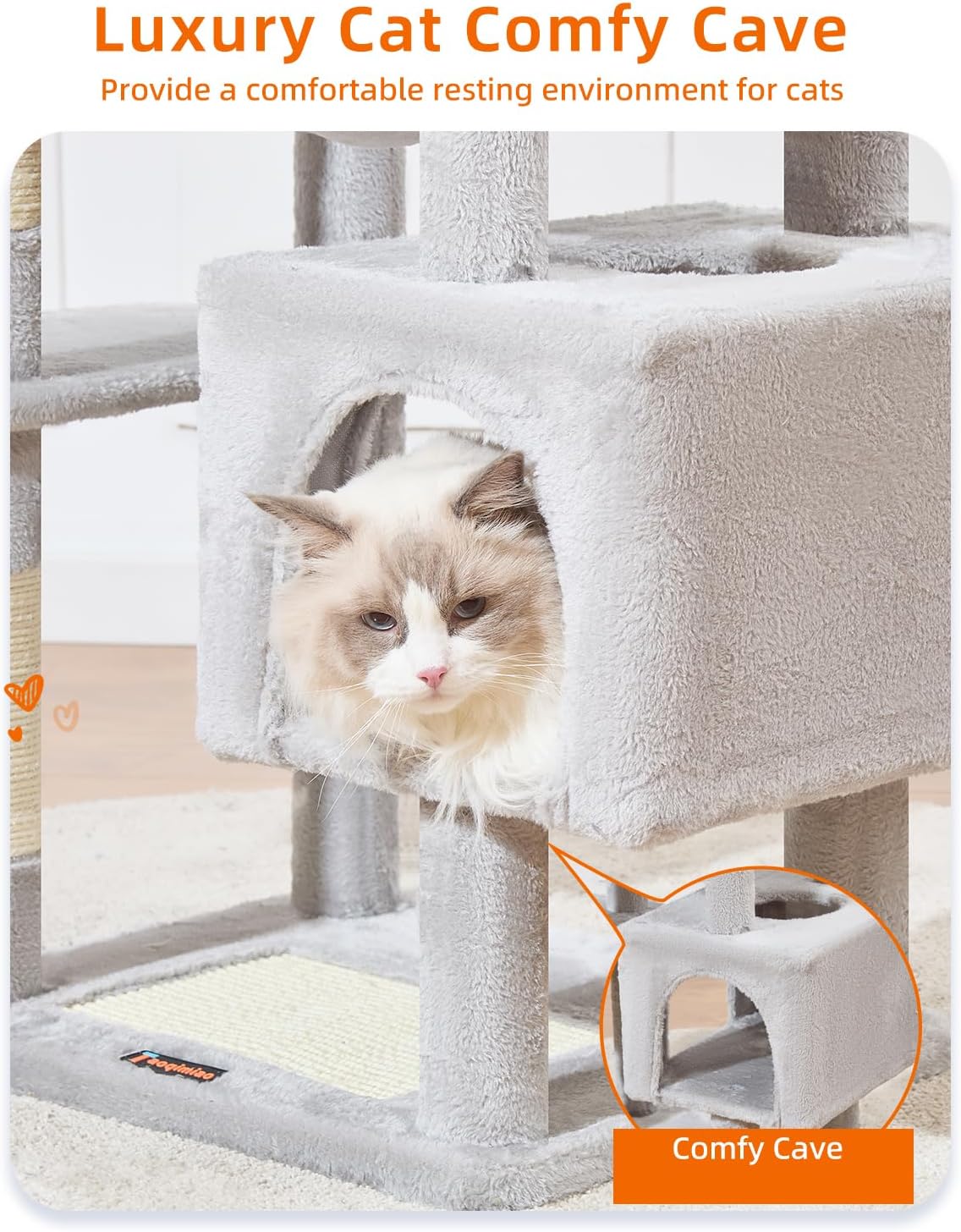 Taoqimiao Cat Tree, 68-Inch Cat Tree Cat Tower for Indoor Cats, Plush Multi-Level Cat Condo with 6 Scratching Posts, 2 Perches, 2 Caves,Hammock, 3 Pompoms,MS020SW Light Gray
