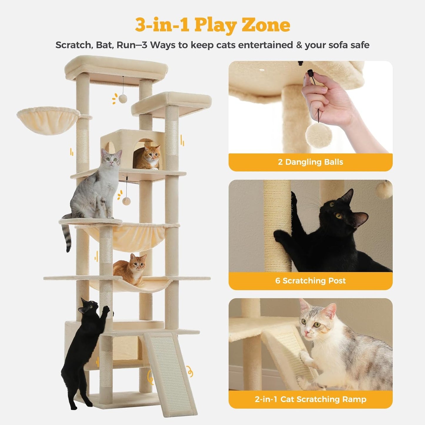 81" Heavy Duty Cat Tree for Large Cats up to 20lbs - Extra Tall Cat Tower with Metal Frame Hammock, 6 Sisal Scratching Posts, 2 Perches - Indoor Cat Furniture for Maine Coon, Big Cats, Beige