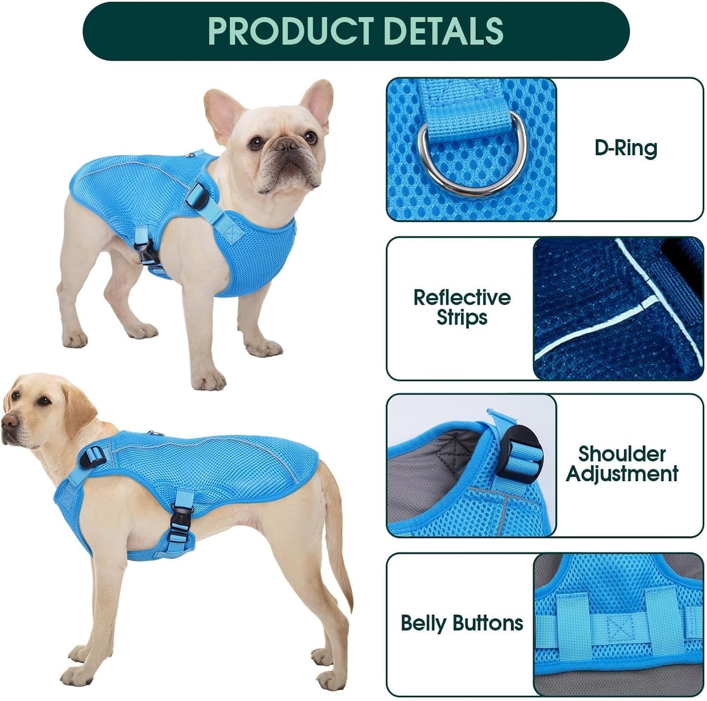 Kuoser Dog Cooling Vest, Pet Cooler Coat, Breathable Doggie Cool Jackets for Medium Dogs, Reflective Cooling Harness, Puppy Summer Essentials Blue L
