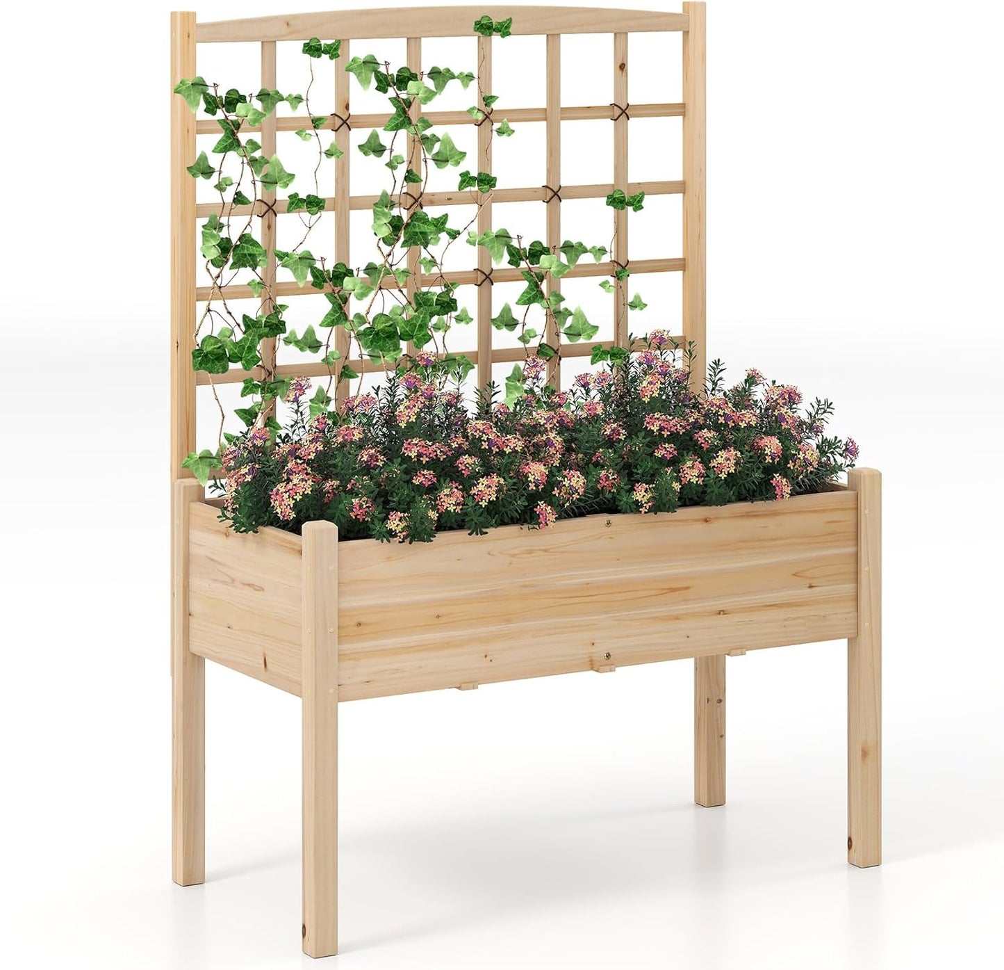 Giantex Raised Garden Bed with Trellis, Wooden Elevated Planter Box with Legs, Drainage Holes for Climbing Plants Vines Vegetables Flowers Herbs, Outdoor Horticulture Planter for Patio Yard (Natural)