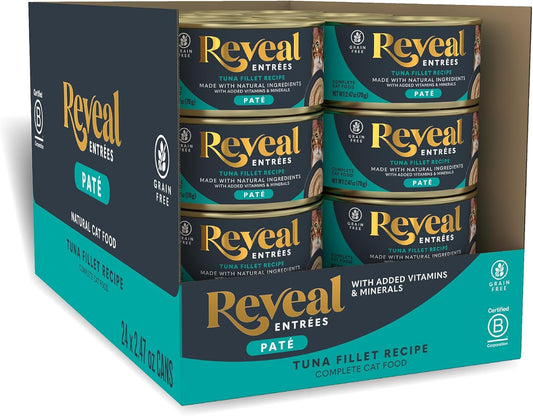 Reveal Entrées Natural Wet Cat Food Paté, Grain-Free with Added Vitamins & Minerals, Carrageenan-Free Tuna Fillet Paté Recipe (24 x 2.47 oz Cans)