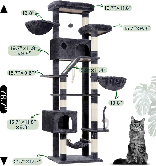 Cat Tree for Large Cats, 78.7"(200cm) Tall Cat Tower for Indoor Cats Multiple Cats with Large Top Perch, Cat Condo, Cat Hammcok, Cat Scratching Post, Dark Gray GCT031G