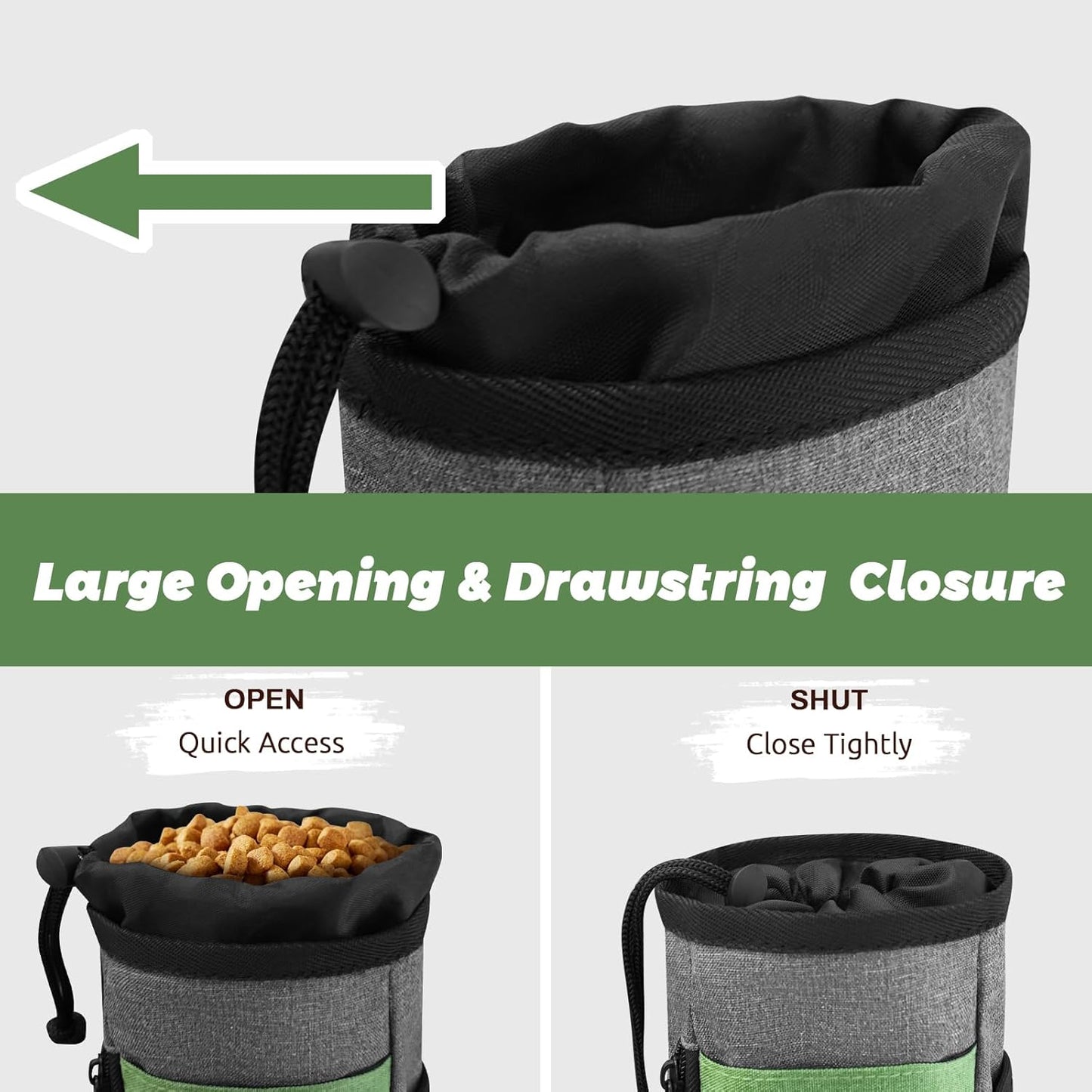 Upgraded large-sized Dog Treat Pouch with waist clip - Fashionable Green&Grey Design - Large Capacity Dog Treat Bag for Dog Walks,Outdoor Activities, Travel and Training - Includes 1 Poop Bags