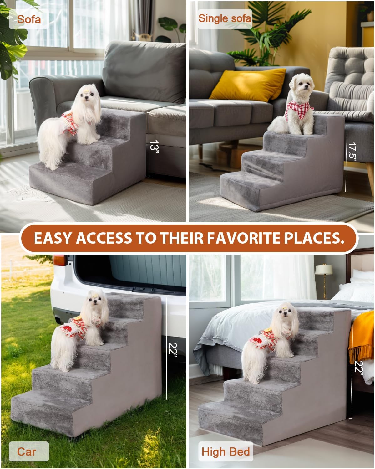 Dog Stairs for Small Dogs,13" 3-Step Pet Stairs for Couches，Dog Steps with Non-Slip Bottom and Removable Cover Indoor Outdoor,Grey