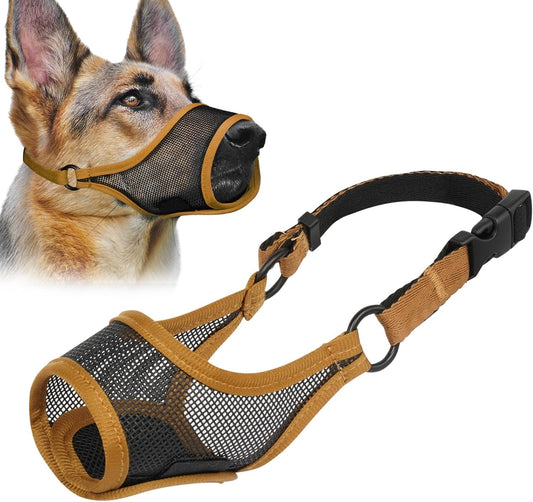 LUCKYPAW Dog Muzzle, Mesh Muzzle for Large Medium Small Dogs, Soft Mouth Guard for Biting Chewing, Breathable Mouth Guard with Adjustable Strap for Training(Brown, XL(Snout:11"-12.25"))