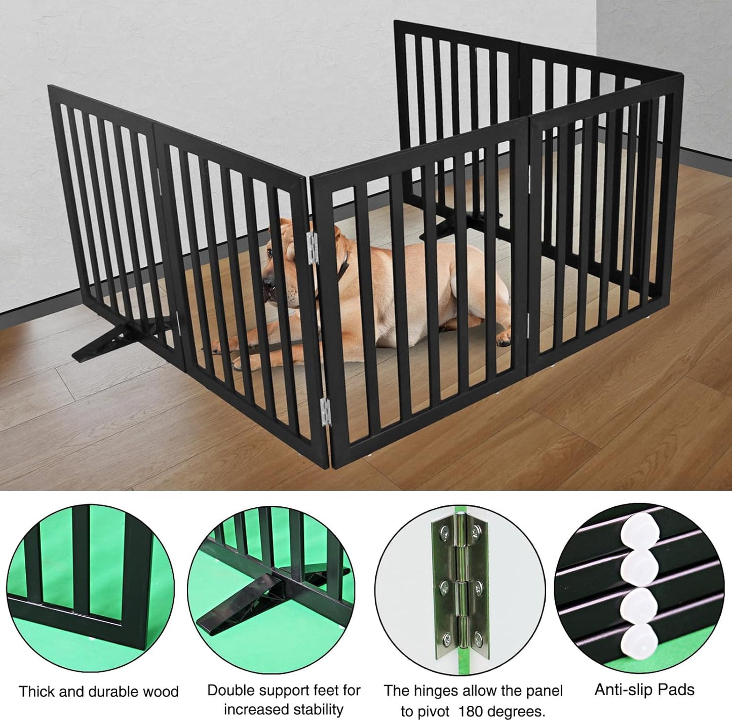 ZJSF Freestanding Indoor Dog Gate for House Foldable Wood Puppy Gate for Doorways Pet Gate for Stairs Extra Wide Pet Fence, Black, 32" Height 6 Panels