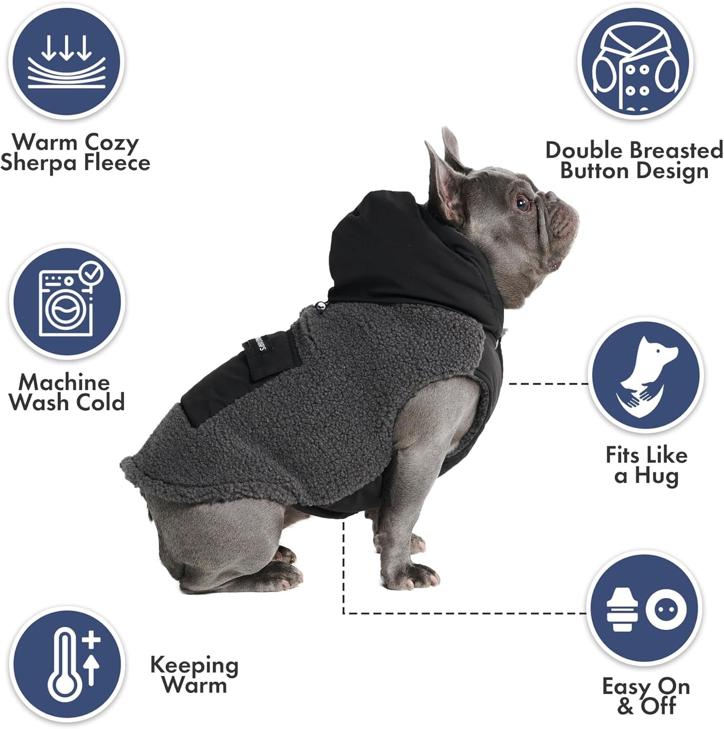 Spark Paws Reversible Dog Sweater, Sherpa Jacket Vest with Warm Fleece Lining, Warm Coat for Winter, Suitable for Small Medium, Large, XL XXL Dogs - Black and Grey - 3XL