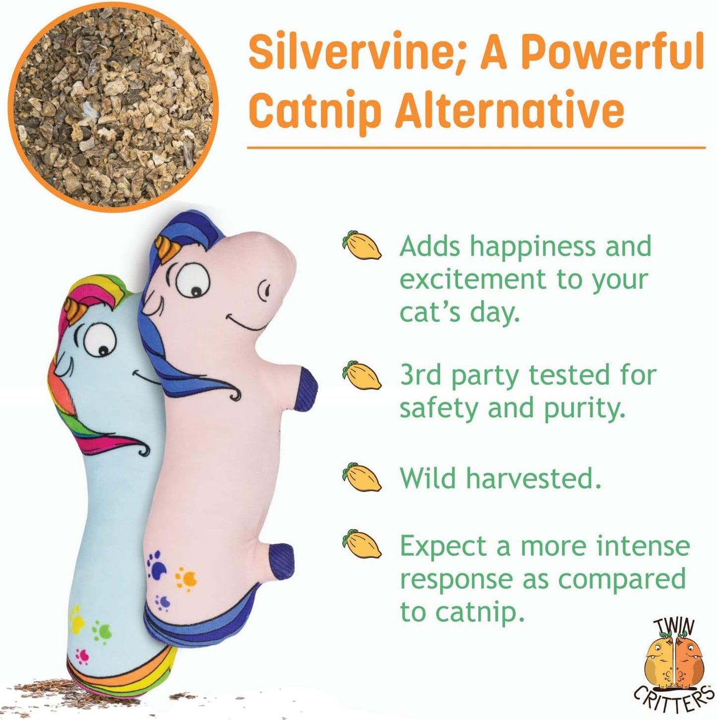 Silvervine Unicorn 2-Pack Organic Catnip Substitute Toys for Cats & Kittens | 100% All-Natural Wild Harvested | 2 Refillable Unicorn Kicker Cat Toys