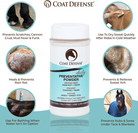 COAT DEFENSE Daily Grooming Powder for Horses | Dry Shampoo with Natural Ingredients | 64 oz Formula for Fresh, Healthy-Looking Coat