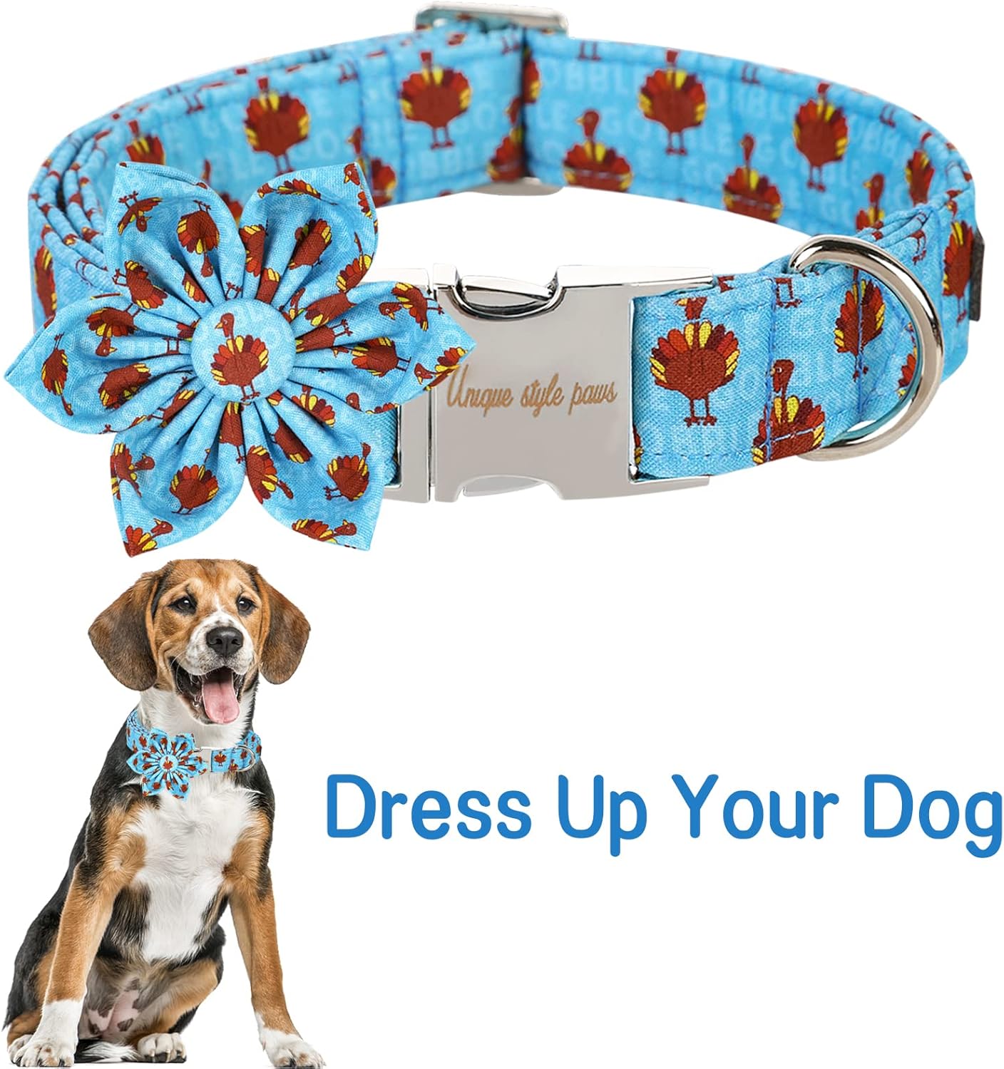 Unique style paws Thanksgiving Dog Collar with Flower Tie Autumn Turkey Theme Puppy Collar for Small Medium Large Dogs-M