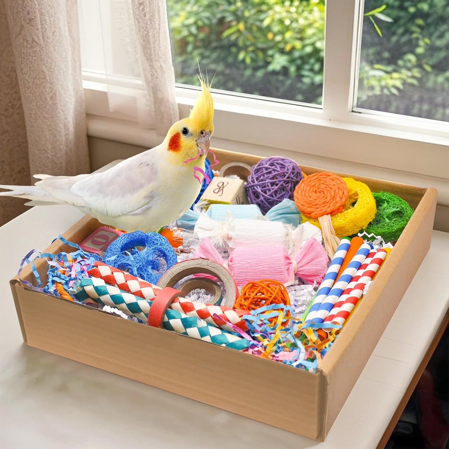 Colorful Bird Foraging & Shredding Toys Box – Safe Bird Toys for Parakeets, Cockatiels, Conures & Small Birds, Perfect for Spring and Summer