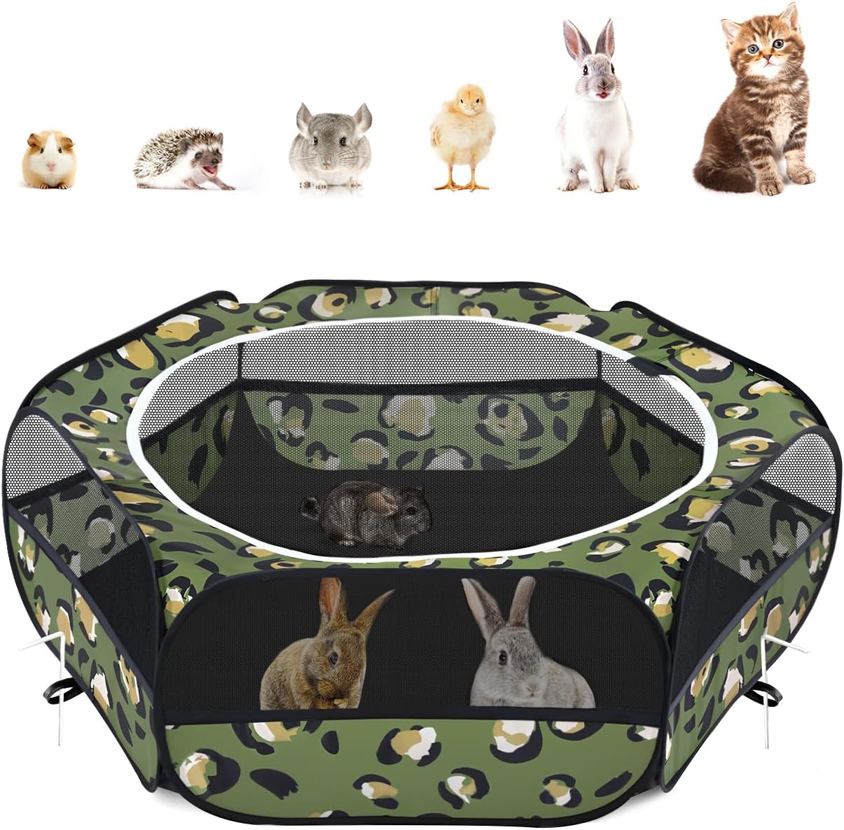 Pawaboo Small Animals Playpen, Waterproof Small Pet Cage Tent with Zippered Cover, Portable Outdoor Yard Fence with 3 Metal Rod for Chick/Kitten/Puppy/Guinea Pig/Rabbits/Hamster, Leopard Print