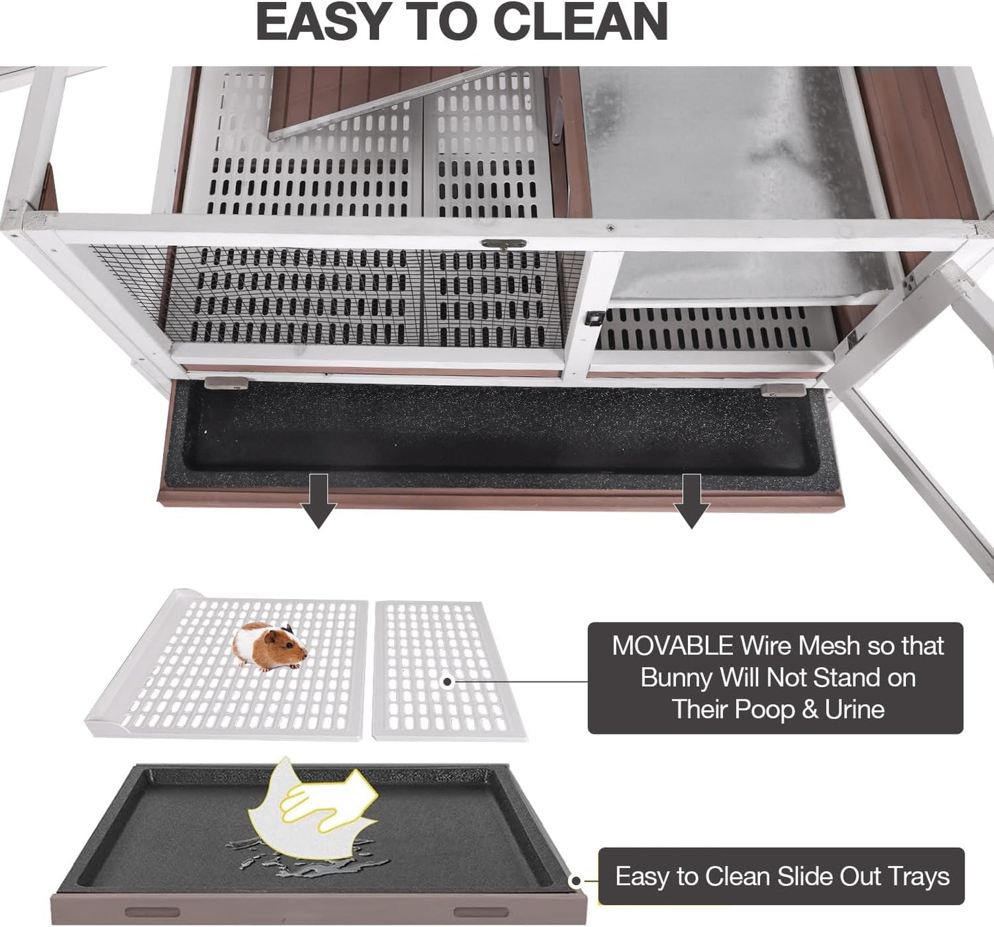 Guinea Pig Cage Indoor with Cool Zinc Plate Rabbit Hutch with Wheels and Removable Proof Tray Elevated Legs Hamster Cage with Chew-Resistant Metal Frame 36.6" L（Brown）