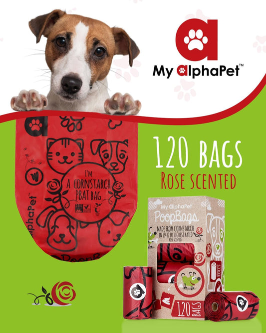 Compostable Dog Poop Bags, Cornstarch Eco-Friendly, HOME COMPOST NF T 51-800, 120 Count, Large Size Bag 9x13 Inches, 8 Unscented Refill Rolls, Leak-proof, Plantbased, GM-Free Corn (Red)