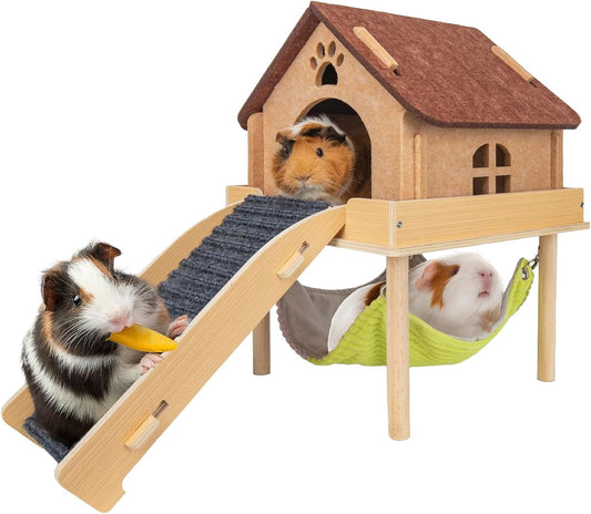 3 in 1 Enlarged Guinea Pig Hammock,Wooden Guinea Pig Hideout with House & Platform & Stairs Small Animal Toys for Hiding Sleeping Activities