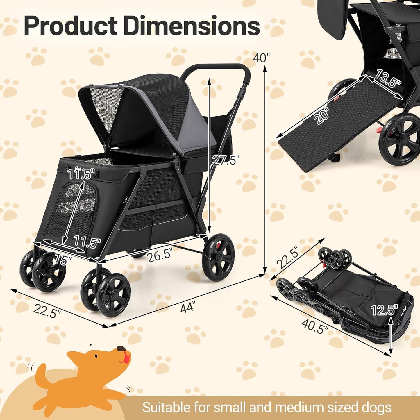 PETSITE 4 Wheels Dog Stroller, Foldable Cat Stroller with Dual Entries, Ramp, Mesh Windows, Adjustable and Detachable Canopy, and All-Terrain Wheels with Brake, Ideal for Small Medium Dogs