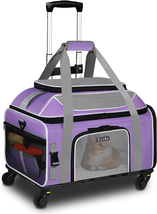 Petskd Top-Expandable Pet Carrier with Wheels 19x13x9 Inches Southwest Allegiant Airlines Approved, Soft-Sided Carrier for Small Dog Under 12 lbs and Large Cat Under 15 lbs(Purple)